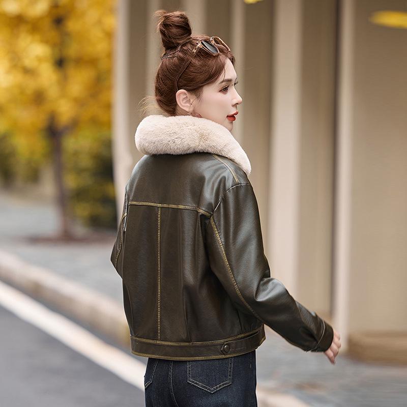 Damen Retro Winter Lederjacke mit abnehmbarem Fellkragen und Fleecefutter