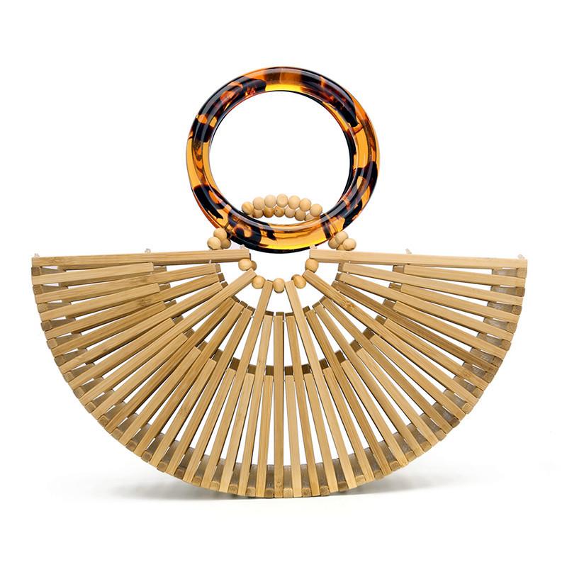2025 Fashion Desinger 2Pcs/Set Vintage Half Round Handmade Bamboo Weave Handbag Summer Holiday Hollow Out Round Handle Beach Bag