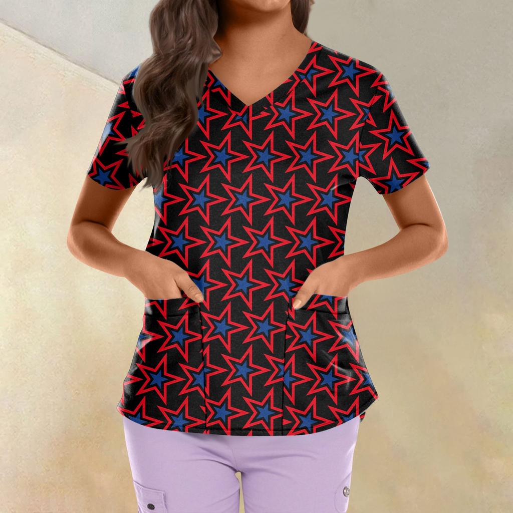 Topuri Uniformă de Lucru Scrub Imprimate Mărimi Mari Pentru Femei Gât în V Încrucișat Imprimeu Ziua Independenței Mânecă Scurtă Tricouri Amuzante Tricou de Lucru cu Buzunare