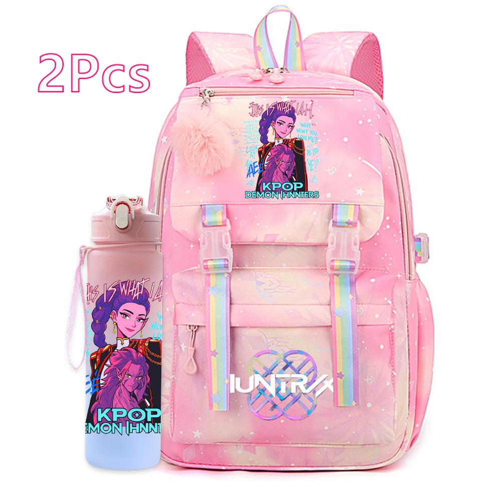 2Pcs/set Anime K-pop Printed Backpack with 750Ml Water Bottler Large Capacity Travel Bag for Teenager Girl Boy Bookbag Kid Gift Large Capacity Bag