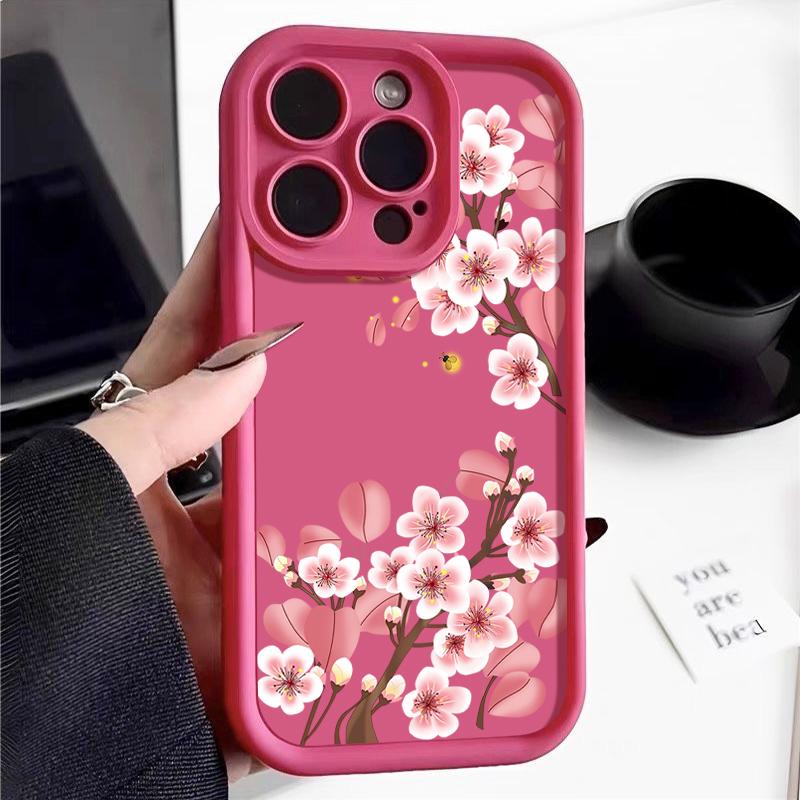 Für iPhone 16 Pro Max 15 Pro 14 Plus 13 12 11 XS 8 7 Telefonhülle Rosa Blumendruck Matte Stoßfeste Linsenschutz TPU Weiche Stoßstangenabdeckung