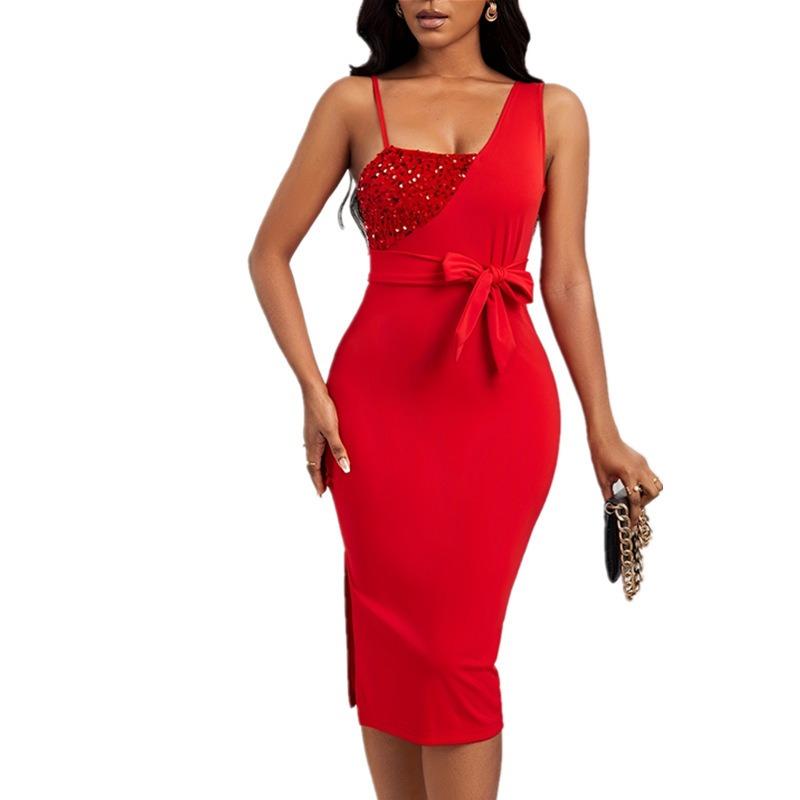 QICED Fashion Summer Spring Solid Color Print Sleeveless Casual Dresses
