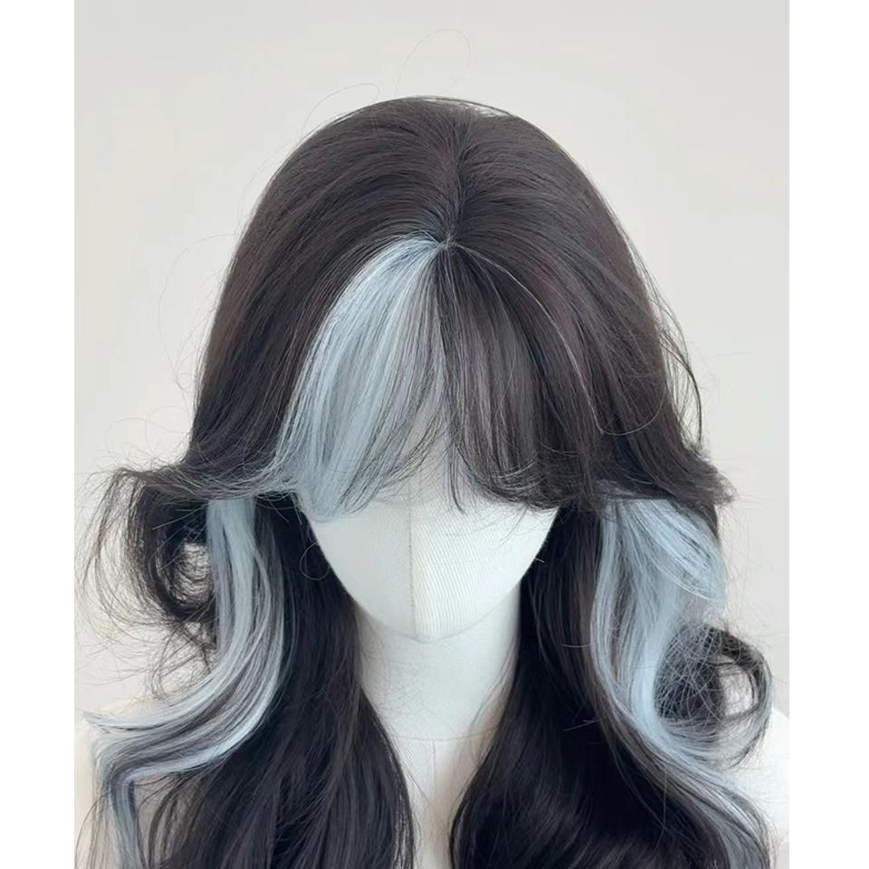 Black Blue Highlights Synthetic Short Wavy Women Wig Fluffy Lolita Cosplay Heat Resistant Wig with Bangs for Daily Party