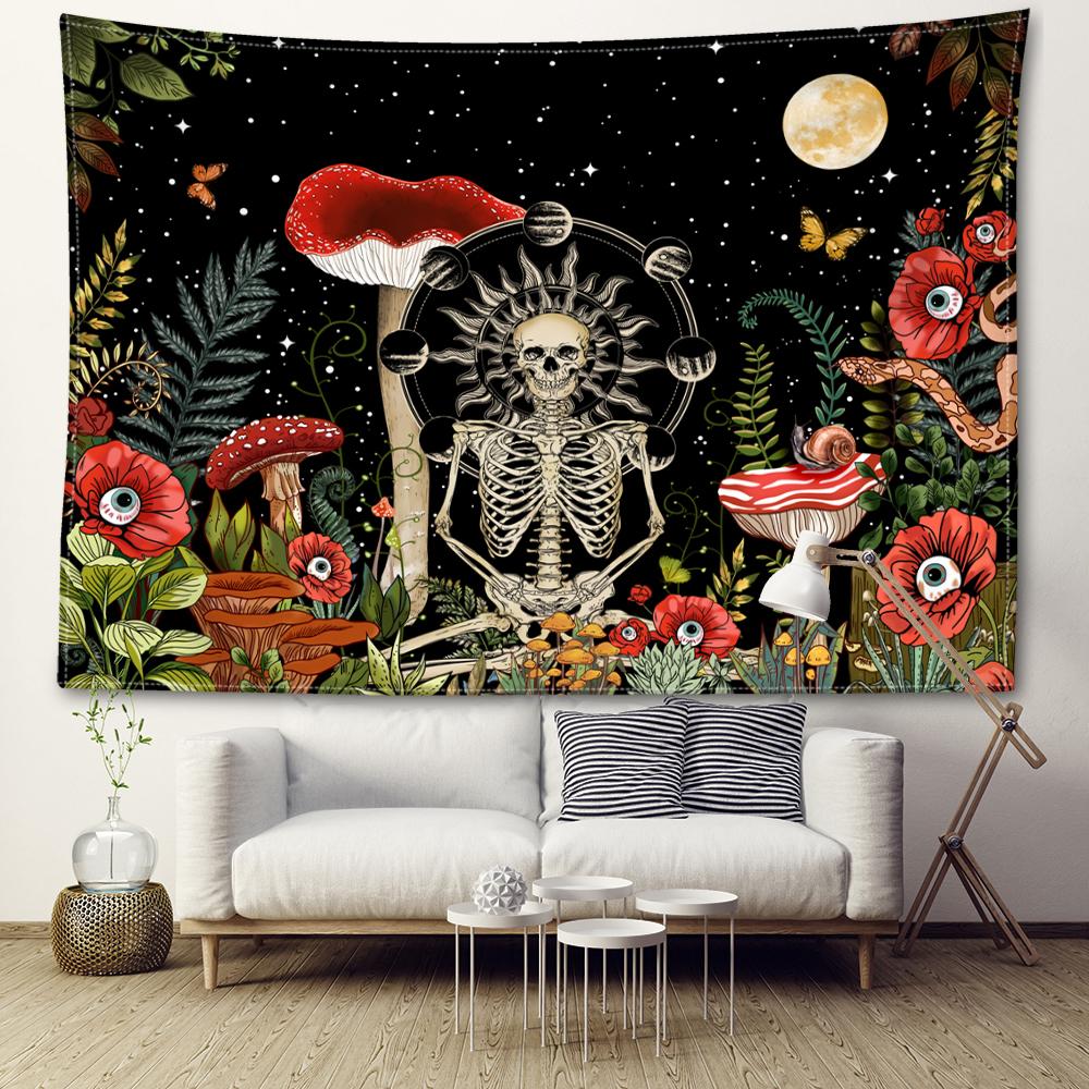 Moon Phase Skeleton Mushroom Tapestry Wall Hanging Bohemian Art Hippie Tapitz Living Room Bedroom Home Decor