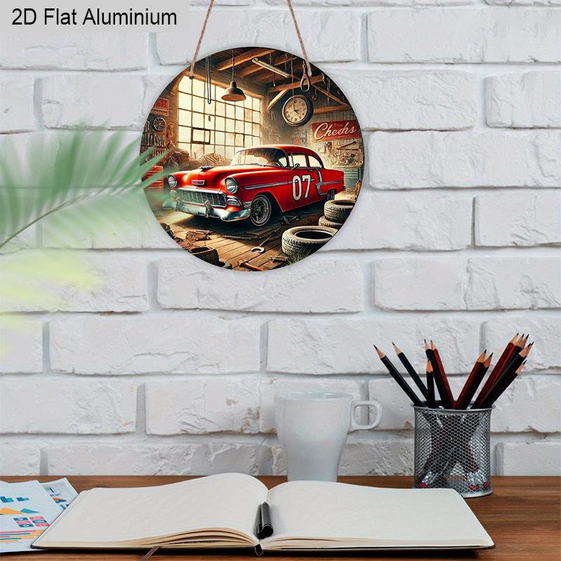 2D Flat Aluminum Vintage Car Garage Round Metal Sign, Classic Red Car with "07" Number Sign for Front Door, Pre-Drilled Holes for Easy Hanging