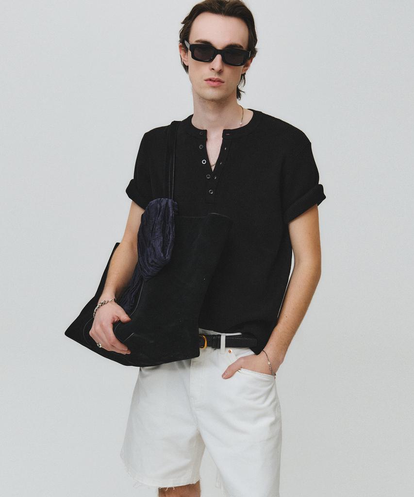 NOIRER Ribbed Henley Neck Half Knit (Black)