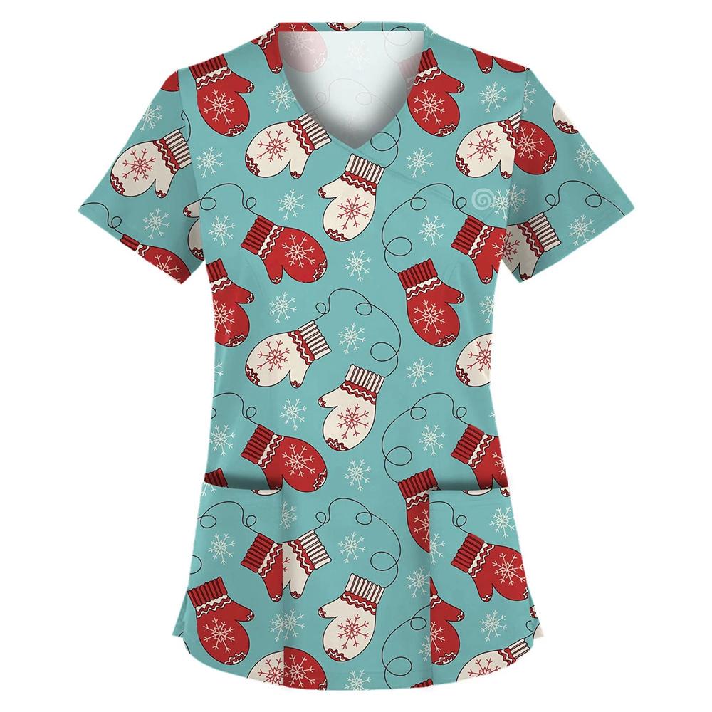 Chirurgische Uniformen Feiertage Weihnachten Drucke Stil Taschendesign Chirurgisches Kostüm Frau V-Ausschnitt Kurzarm Krankenschwester Medizinische Uniform