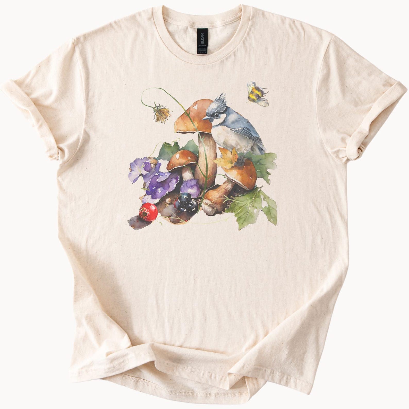 Nature bird mushroom wildflower graphic tee watercolor woodland floral art shirt dreamy forest wildlife blue jay butterfly boho aesthetic 120