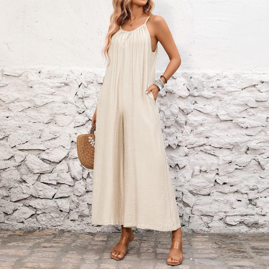 Damen Jumpsuit Lockerer Schnitt Verstellbare Spaghettiträger Weiter Bein Leichte Fließende Overalls für Freizeit