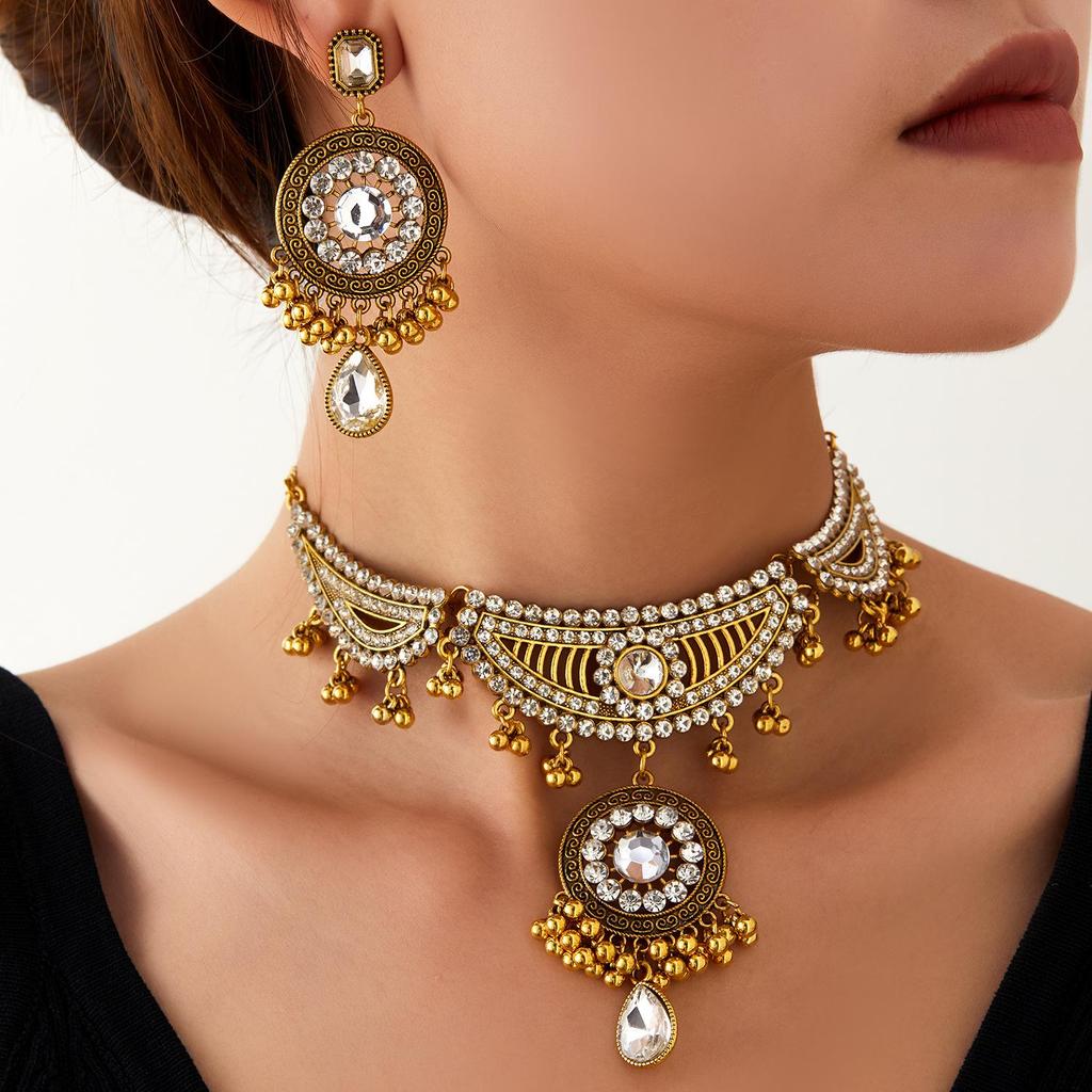 Vintage Ethnic Rhinestone Necklace & Earrings Set