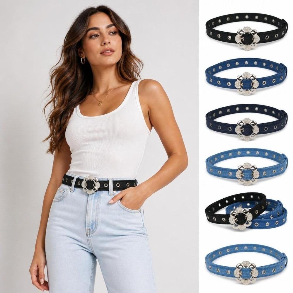 Metal Buckle Denim Waist Belt Hollow Flower Design Fashion Belt Decorative Waist Strap  For Women