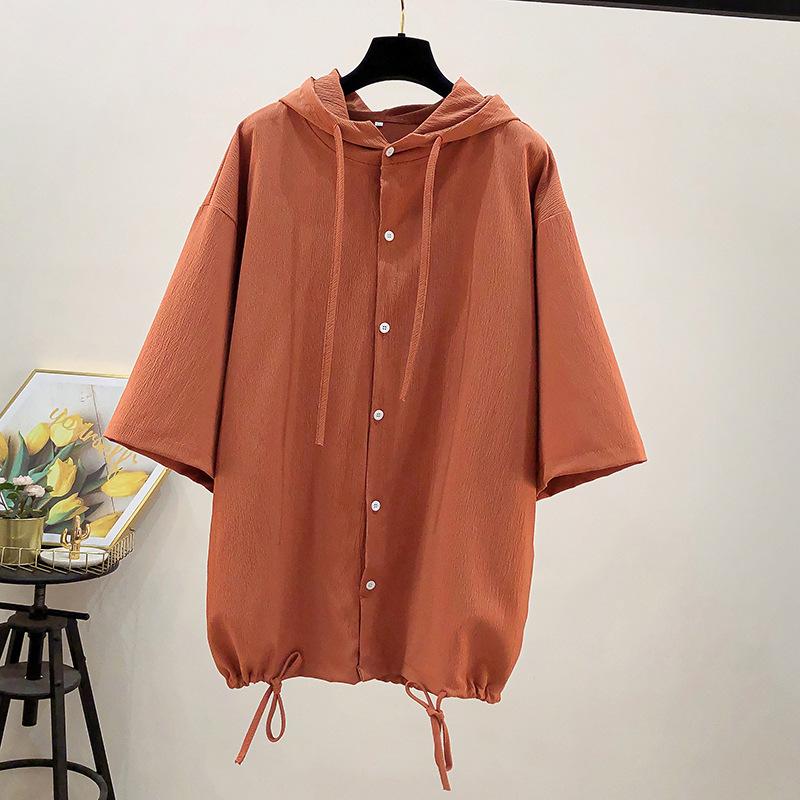 

Летний тонкий кардиган большого размера с капюшоном, с короткими рукавами, модный, в стиле ретро, однотонный, на пуговицах, со шнурком, рубашка, свободный, повседневный, трендовый топ 2XL хаки