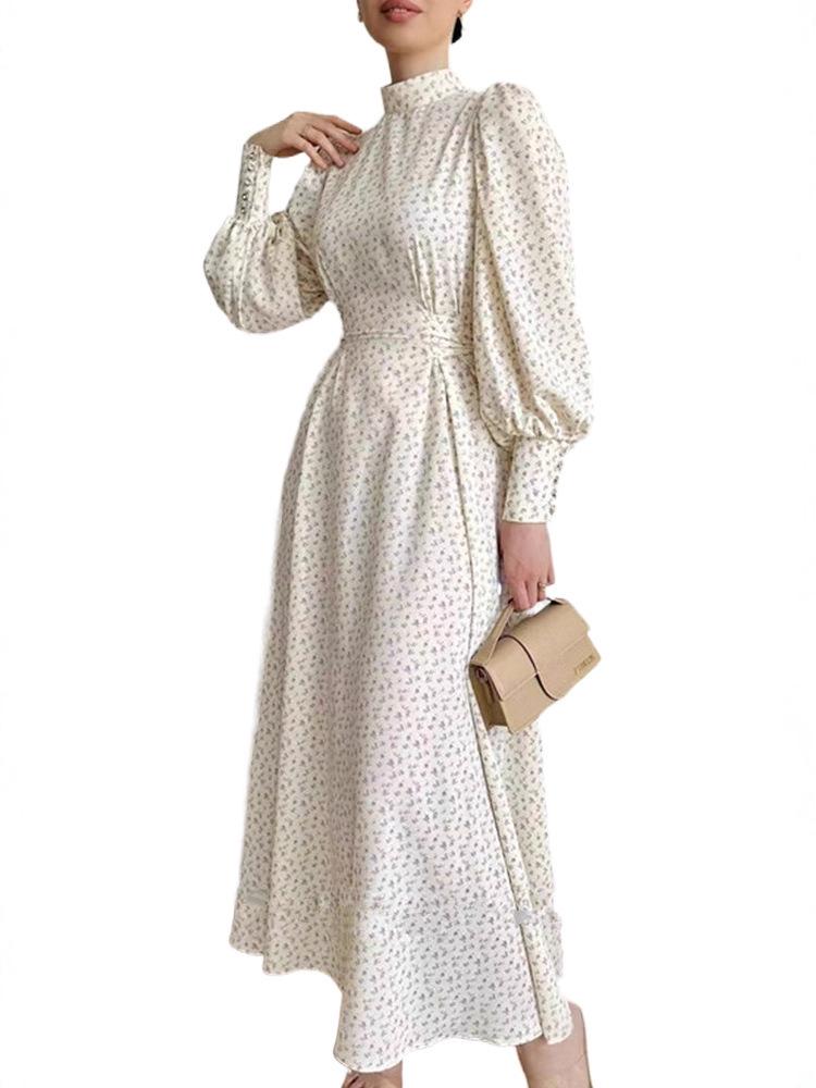 Elegant Long Sleeve Print Dress with Slim Fit Waist