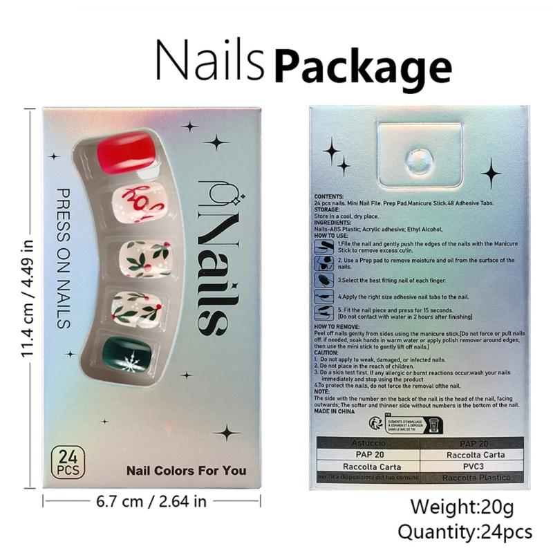 Christmas Artificial Nails Snowflake False Nails Full Cover Stick on Nails Short Square Press On Nails for Women Girls