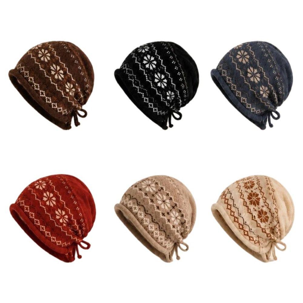 Drawstring Roll Brim Knit Beanie Fair Isle Pattern Beanie Retro Slouchy Hat Autumn Winter