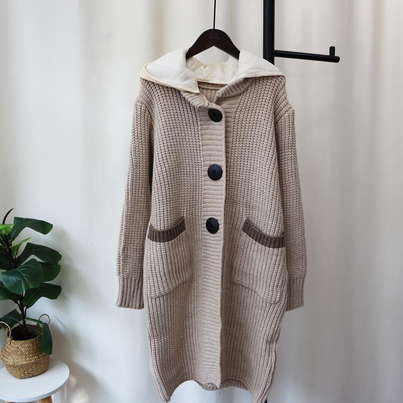 Thickened hooded splicing cotton clothes hat knitted cardigan autumn and winter new long knee loose sweater jacket women