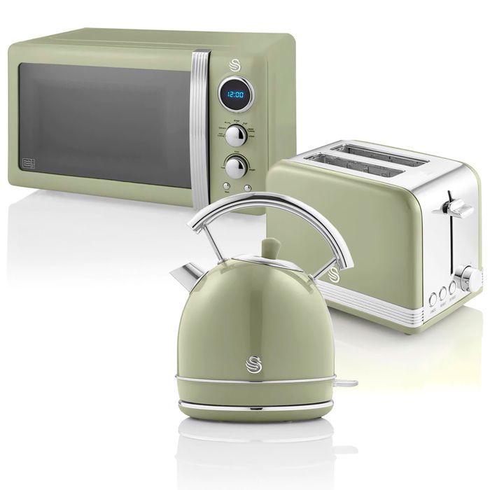 Retro Set Petit-Déjeuner Bouilloire 1,8L Grille-Pain 2 Tranches Micro-ondes 20L SWAN STRP2070GNEU 850W Vert 57973