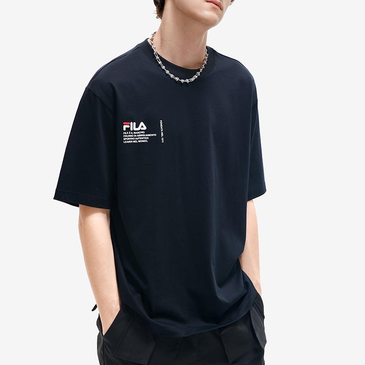 Fila Letter Big Logo Sports Casual Round Neck Fashion Loose Short Sleeve Drop Shoulder T-Shirt Men T-Shirt Black F11M219105FBK