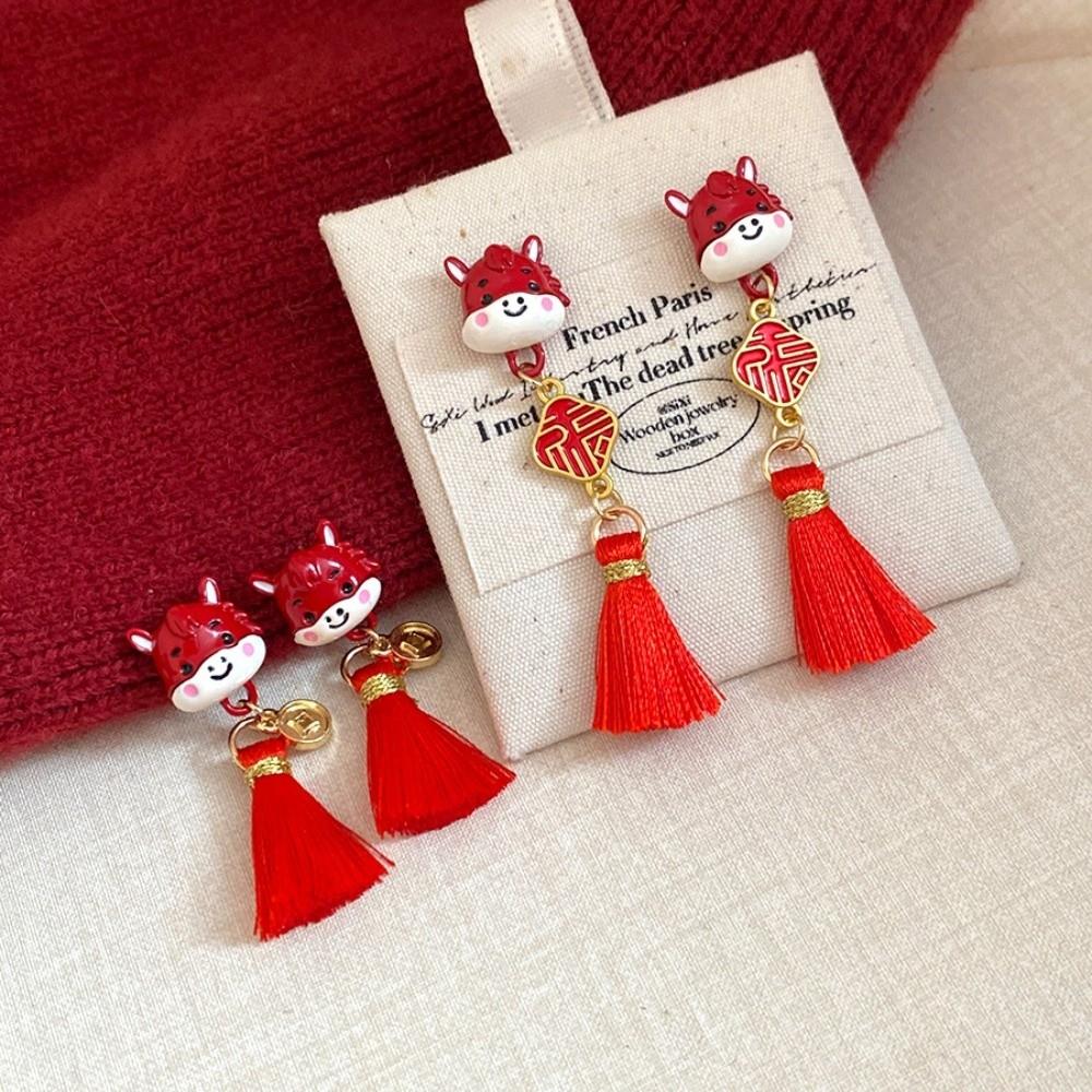 Cartoon Horse Red Pony Earrings Flocking Horse Mascot Drop Earrings New Year Horse Earrings  Girls