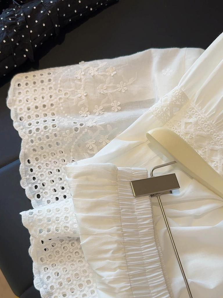 French White Embroidered Lace Mid-Length Umbrella Skirt for Women