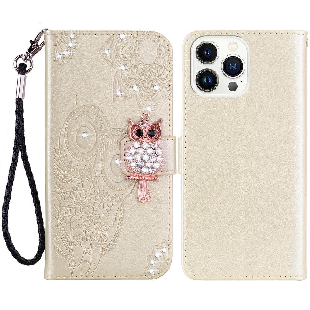 For iPhone 15 Pro Max Leather Case Rhinestone Decor Owl Pattern Phone Stand Wallet Cover