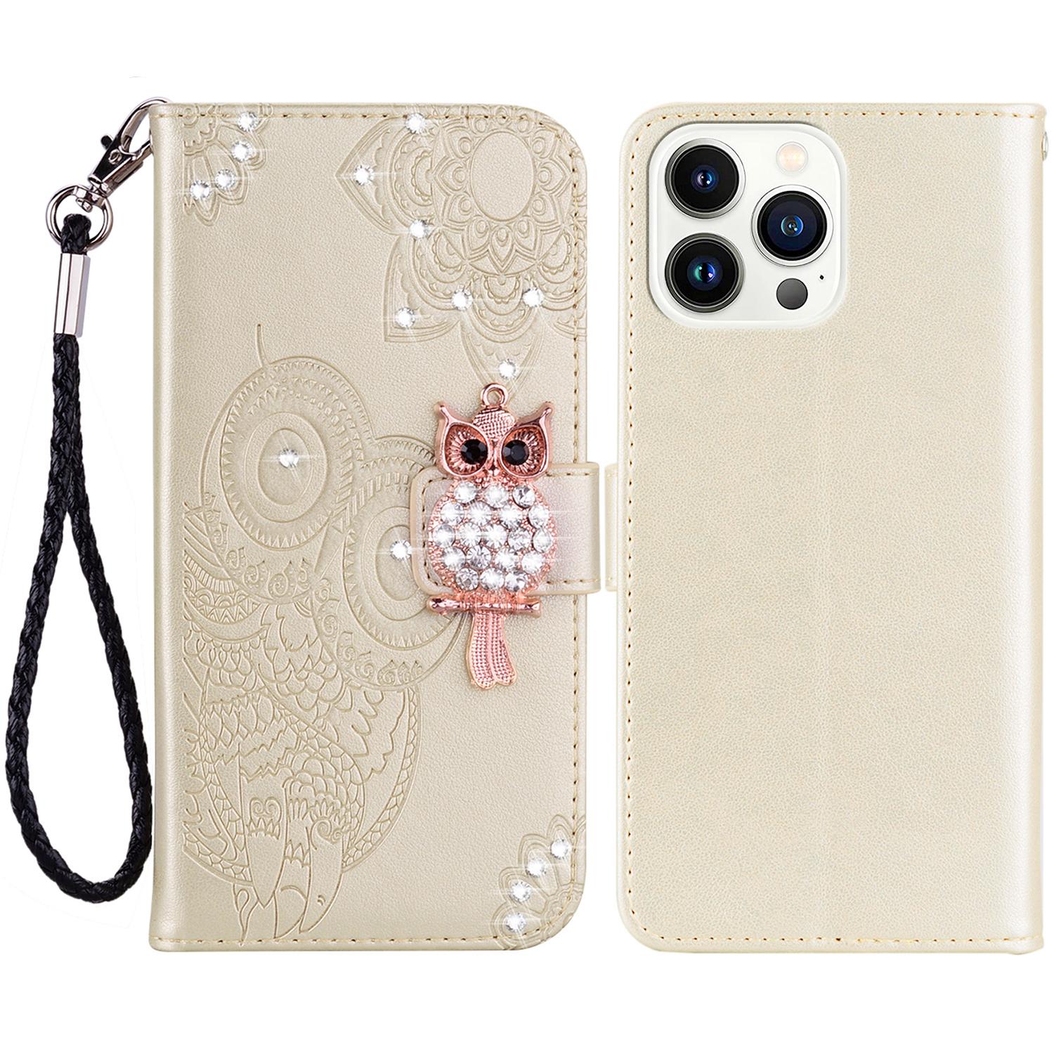 

For iPhone 15 Pro Max Leather Case Rhinestone Decor Owl Pattern Phone Stand Wallet Cover Gold