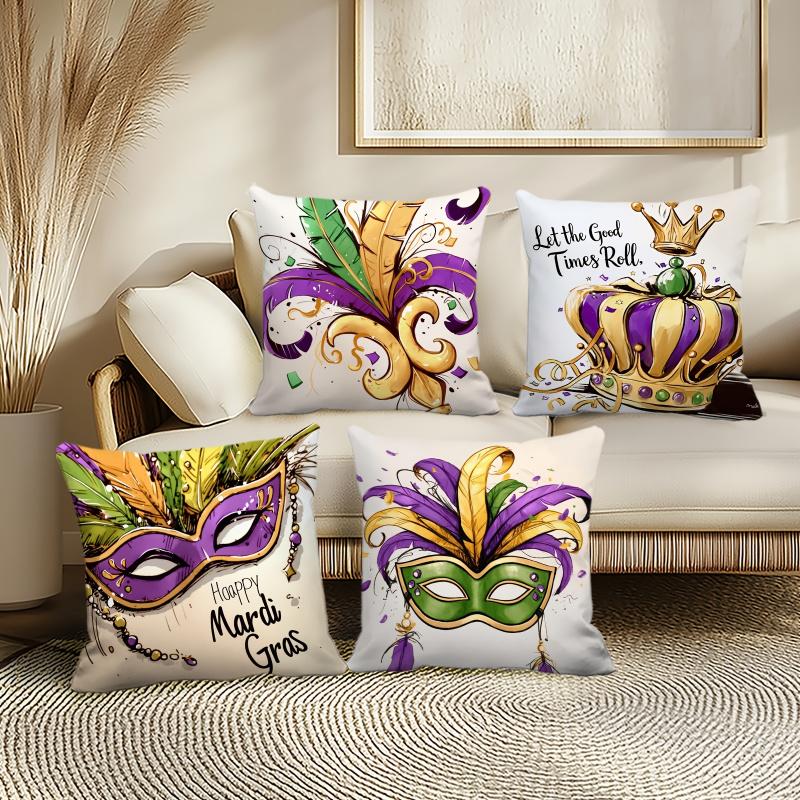 Vikama 4-Piece Printed Cushion Cover Set, Carnival Theme For Living Room & Bedroom, Featuring Masks, Crowns, And Iris Designs