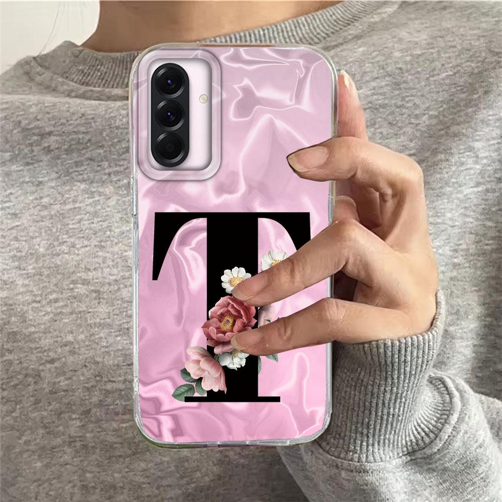 A-Z Black Letter Peony Flower  Shockproof Phone Case For Samsung Galaxy A15 A25 A35 A55 A13 A14 A53 A52 A34 A24 Couple TPU Cover