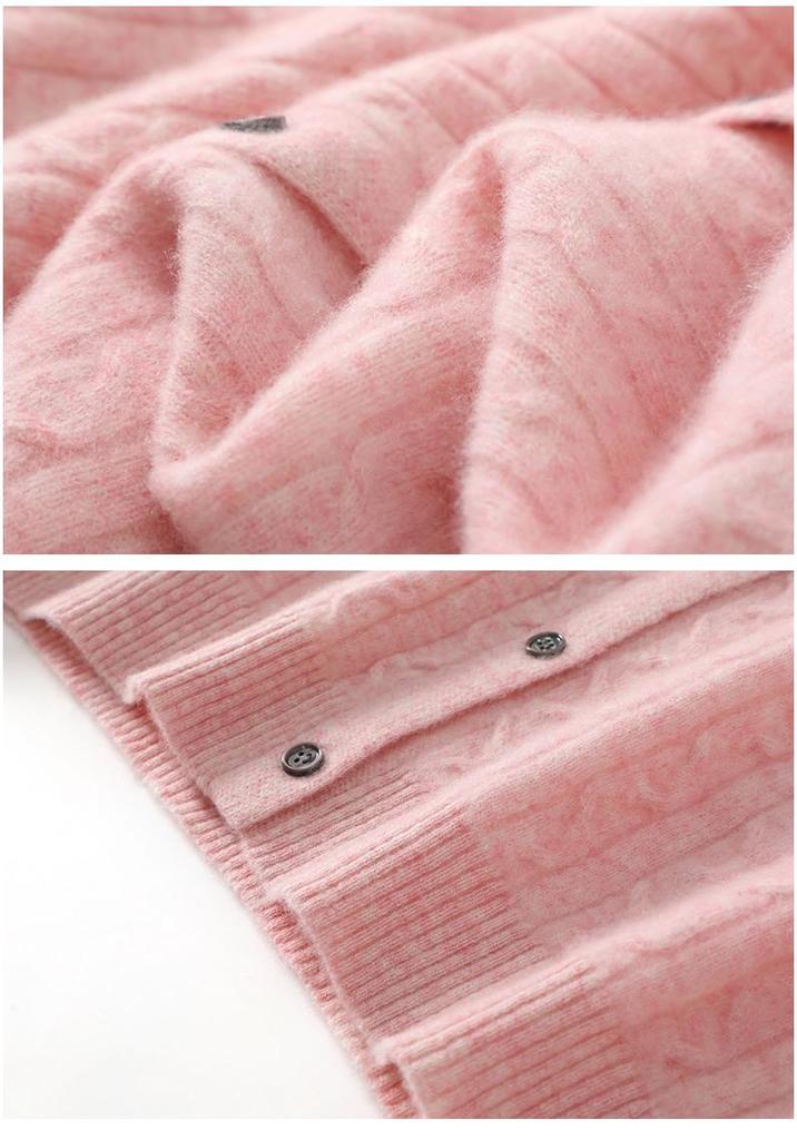 Women's Cable Knit Cashmere Cardigan - Polo Collar, Buttoned, College Style, Fall/Winter Layer