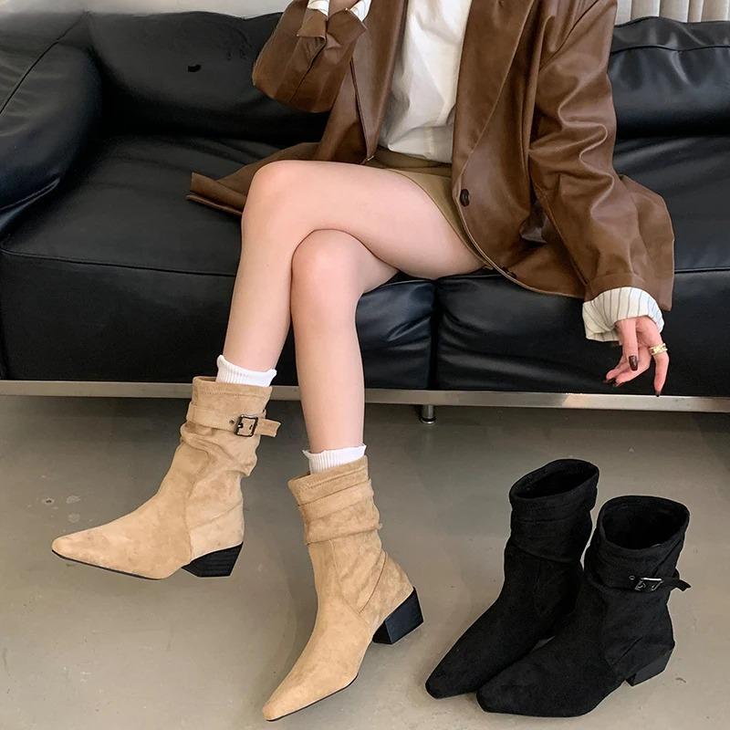 Autumn Winter Thick Heels Women Western Ankle Boots Fashion Pointed Toe Stripper Party Shoes Zapatos De Mujes