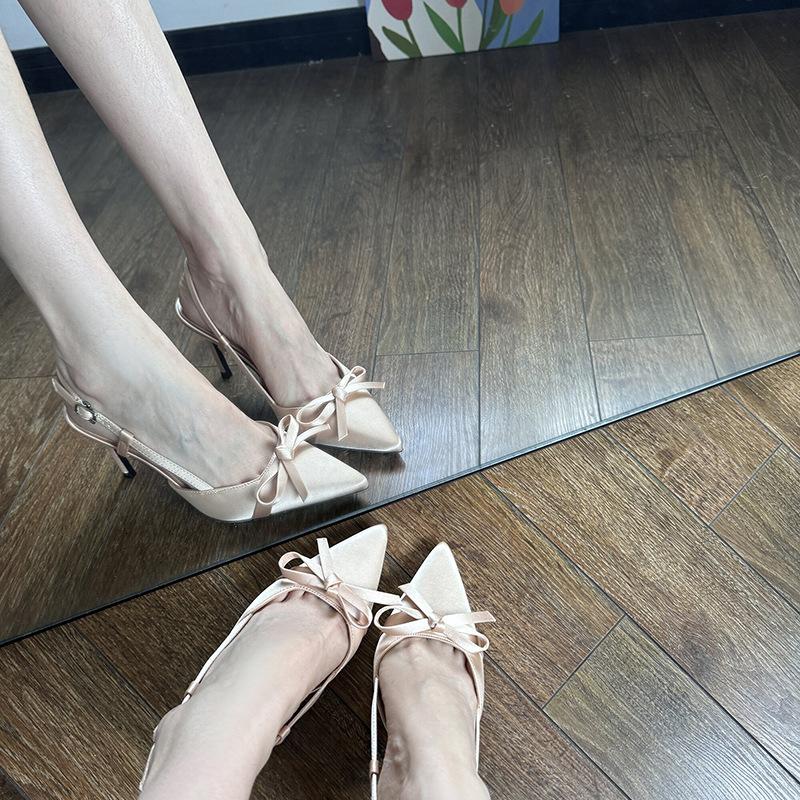 Spring and Summer 2025 New Nude Bow Stiletto High Heels Women's Satin Pointed Sandals French Temperament Single Shoes