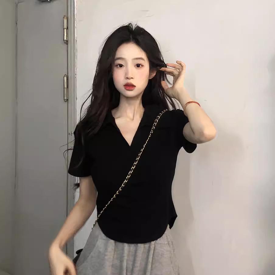 Women's Summer Slim Fit Korean-Style Polo T-Shirt with Ice Silk and Irregular Hem