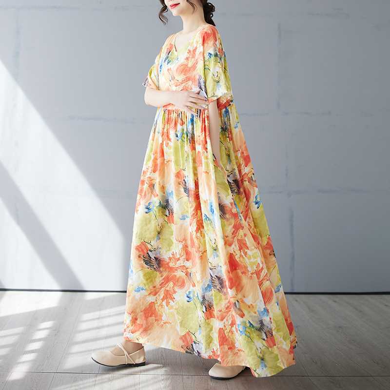 Women's Simple and Fashionable Long Skirt Summer Short Sleeved Round Neck Printed Dress