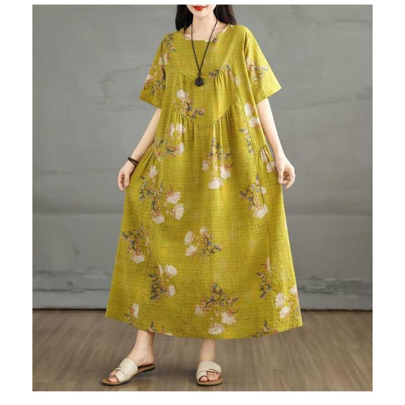 Summer Retro Cotton and Linen Round Neck Short Sleeved Dress, Women's Loose Skirt