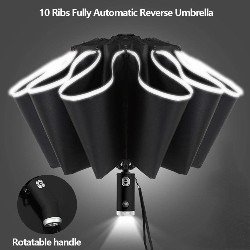 

Полностью автоматический обратный складной зонт со светодиодным фонариком, 10 ребер, ветрозащитные УФ-зонты со светоотражающей полосой для дня солнца или дождя LED-10Ribs-Black
