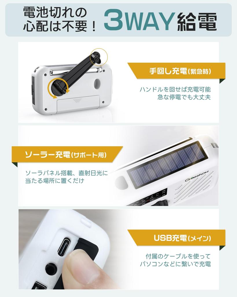 by the Disaster Prevention and Safety Greeshow Multifunctional Portable Radio with and Solar LED SOS Smartphone Earphone 2000mAh Waterproof USB