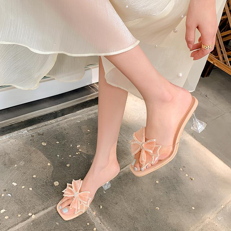 2024 New Sandals Women Bow Crystal High Heels Slippers Summer Shoes Designer Slingback Flip Flops Sexy Shoes Dress Pumps Slides