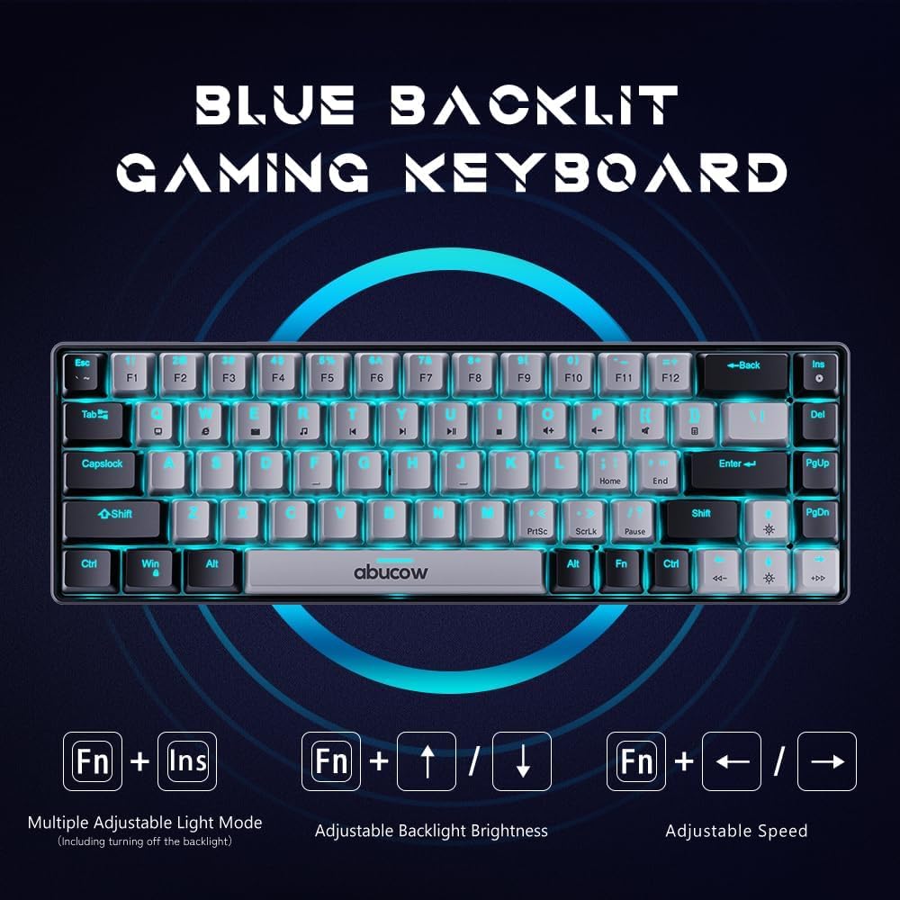 Abucow Mechanical Gaming Blue Wired Compact Blue LED Replaceable Compatible with 60% Keyboard, Switch, Keyboard, Backlight, Black/Gray Keycaps,