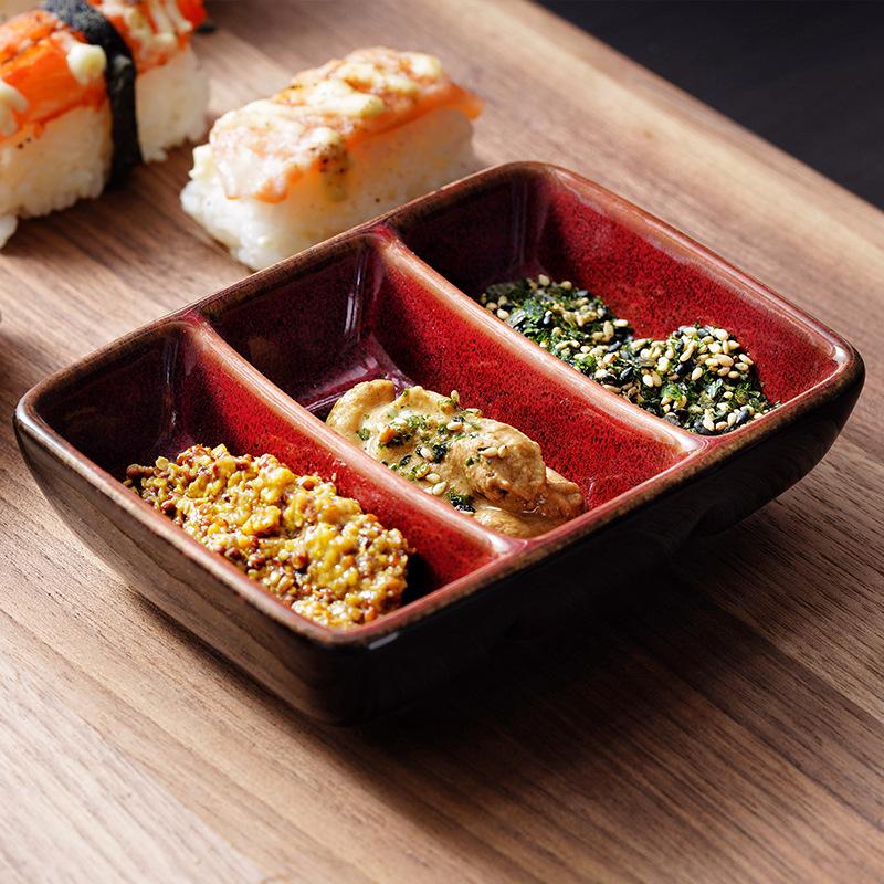 Vintage Creative Ceramic Japanese Three Grid Seasoning Dish Sauce Barbecue Saucer Dipping Dish Restaurant Kitchen Tableware New