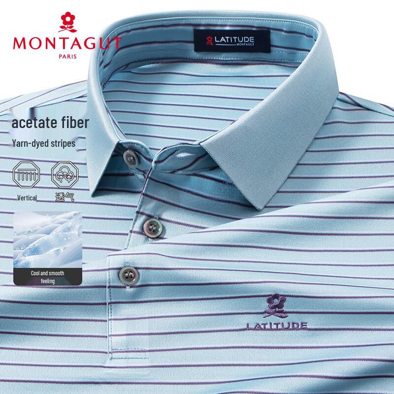 MONTAGUT Men's Summer Breathable Stripe Jacquard Acetate Polo Shirt