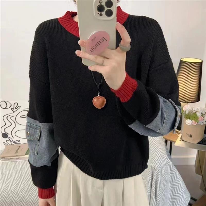 

Контрастный цвет круглый вырез сращивание джинсовый вязаный свитер топ осень и зима новый свободный мягкий восковой пуловер свитер женский average size чёрный