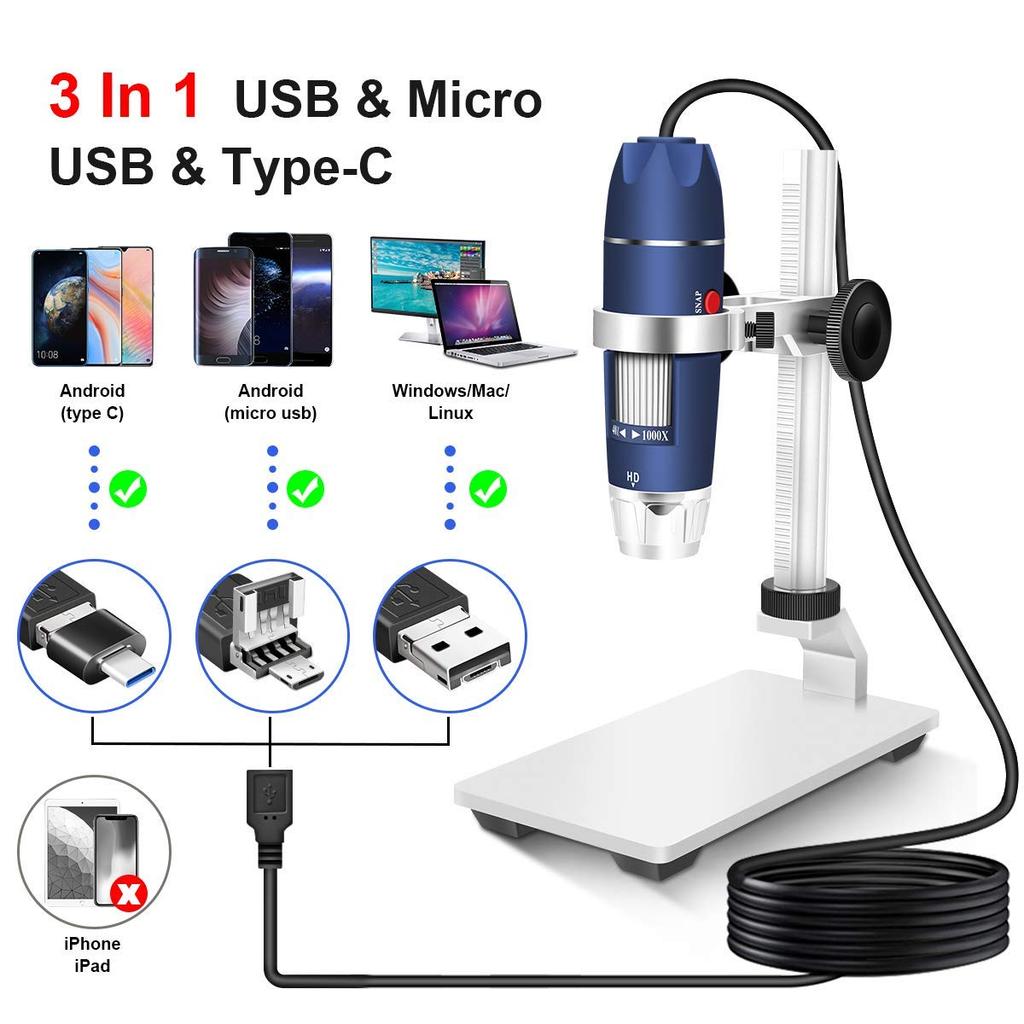 Jiusion HD 2MP USB Digital Microscope, 40x to 1000x Magnification, Portable Magnifying Endoscope Camera with 8 LEDs, Aluminum Alloy Stable Stand, OTG,