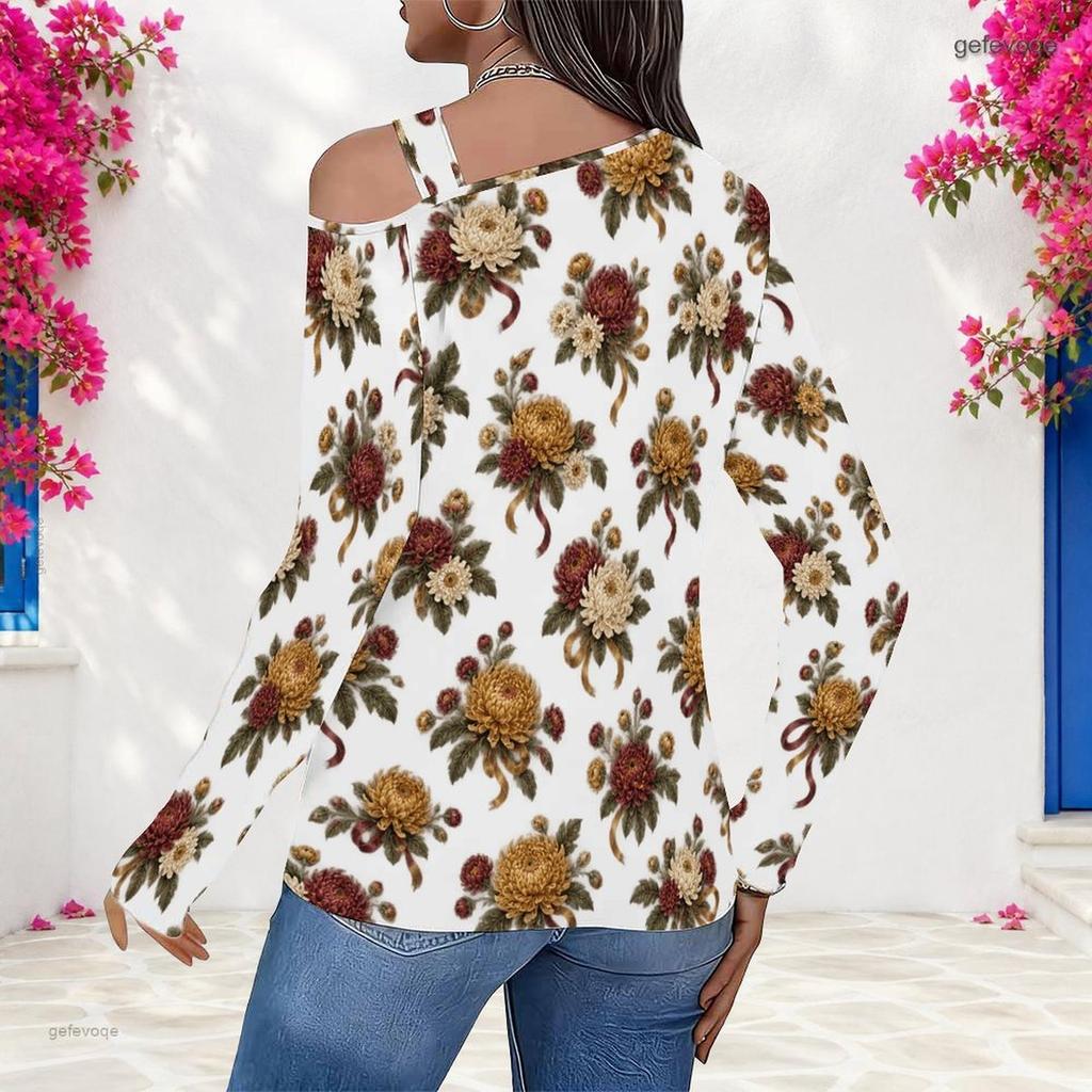 Women Plus Size White Asymmetric Cutout Neck Cold Shoulder Long Sleeve Floral Printed Top