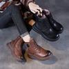 Leather Short Bootie Women's Shoes with Round Toe, Lace-up, Mid-heel, Large Size, Thick-soled Boots, Cotton Shoes
