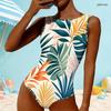 Women Plus Size High Round Neck Sleeveless Tropical Leaf Printed One Piece Swimsuit