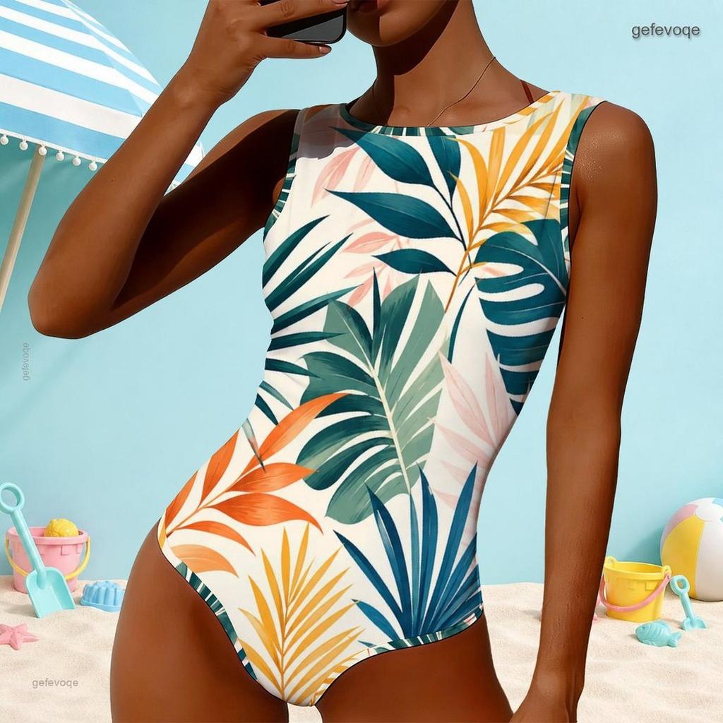 Women Plus Size High Round Neck Sleeveless Tropical Leaf Printed One Piece Swimsuit