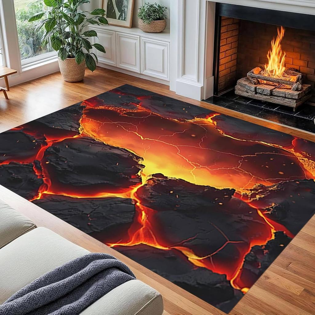 Tappeto A Pelo Corto Area Paesaggio 3D, Tappeto Illusione Ponte Sospeso Fiamme Lava Trippy Emozionante, Tappetino Pavimento Astratto Tappeto da Interno per Camera da Letto