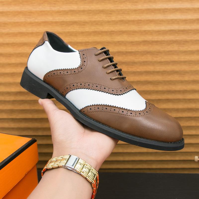 Men's Formal Black & White Brogue Leather Derby Shoes - Spring/Autumn Large Size Wedding Footwear