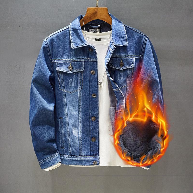 Velvet Thickened Denim Jacket Men's Cotton Removable Hooded Black Cotton Clothing Autumn and Winter Warm Jacket Trendy