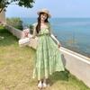 Women Green Floral Maxi Dress, Ruffle Sleeve Tiered Vacation Dress